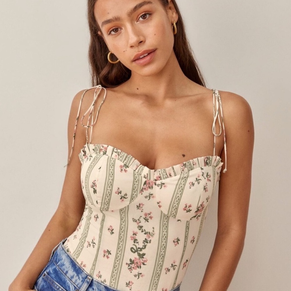 Reformation Floral Striped Tank Top - Cream and Green